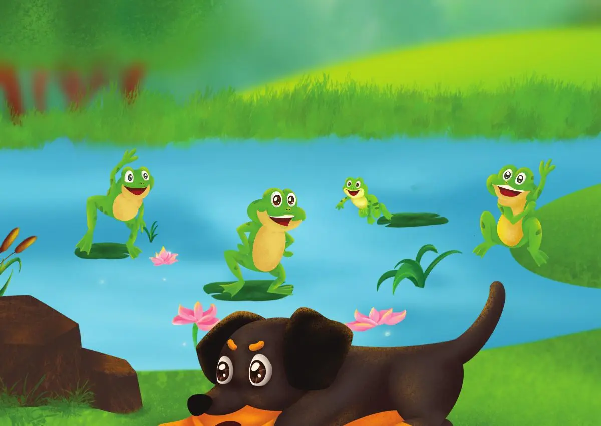 Frog gathering courage beside the water with frog friends cheering