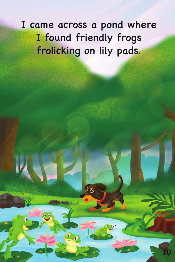 Original book page showing the little dog discovering friendly frogs at a lily pond