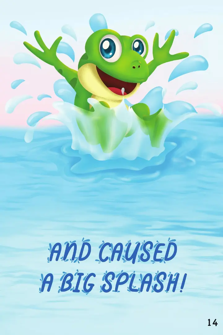 Original book page showing a cheerful frog making a big splash in the pond